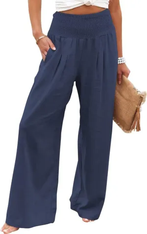 Womens High Waist Palazzo Linen Pants Wide Leg Casual Lightweight Trousers Summer Hawaii Beach Pants Vacation Outfits