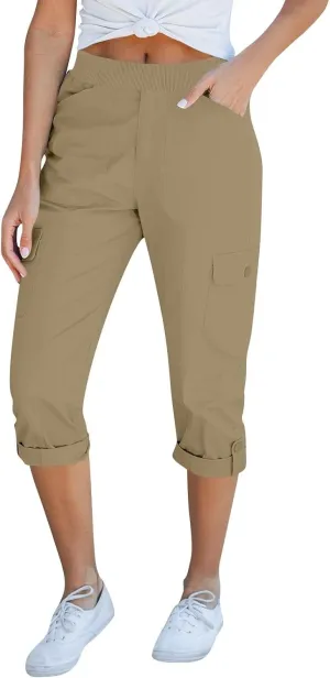 Womens Hiking Cargo Pants Loose Fit Elastic Waisted Pull On Capris Pants Baggy Trousers with Pockets