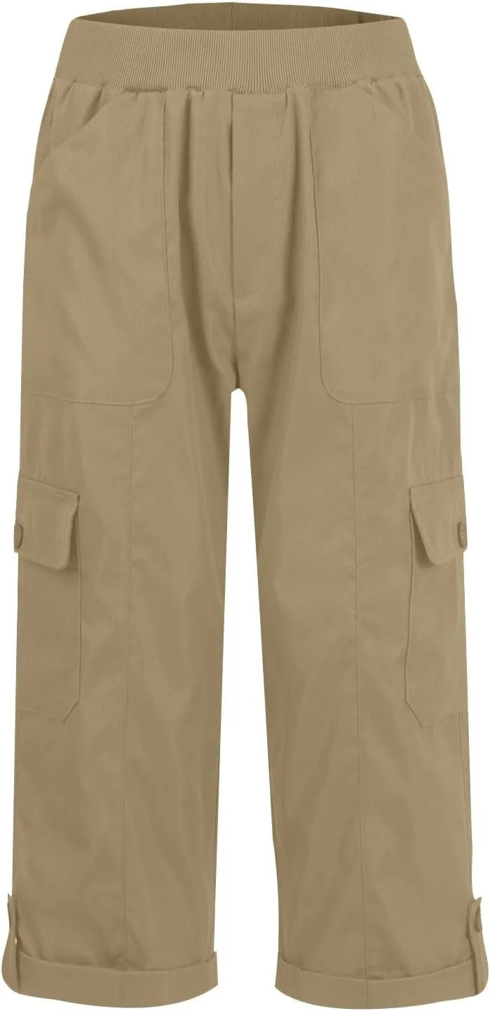 Womens Hiking Cargo Pants Loose Fit Elastic Waisted Pull On Capris Pants Baggy Trousers with Pockets