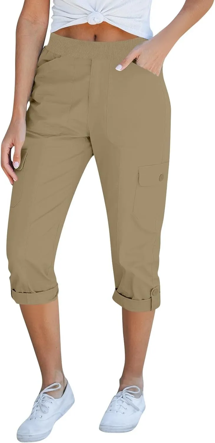 Womens Hiking Cargo Pants Loose Fit Elastic Waisted Pull On Capris Pants Baggy Trousers with Pockets