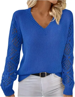 Women's Hollow Out Long Sleeve Sweater Casual V-Neck Chunky Knit Sweater Lightweight Pullover Sweater Fashion Design