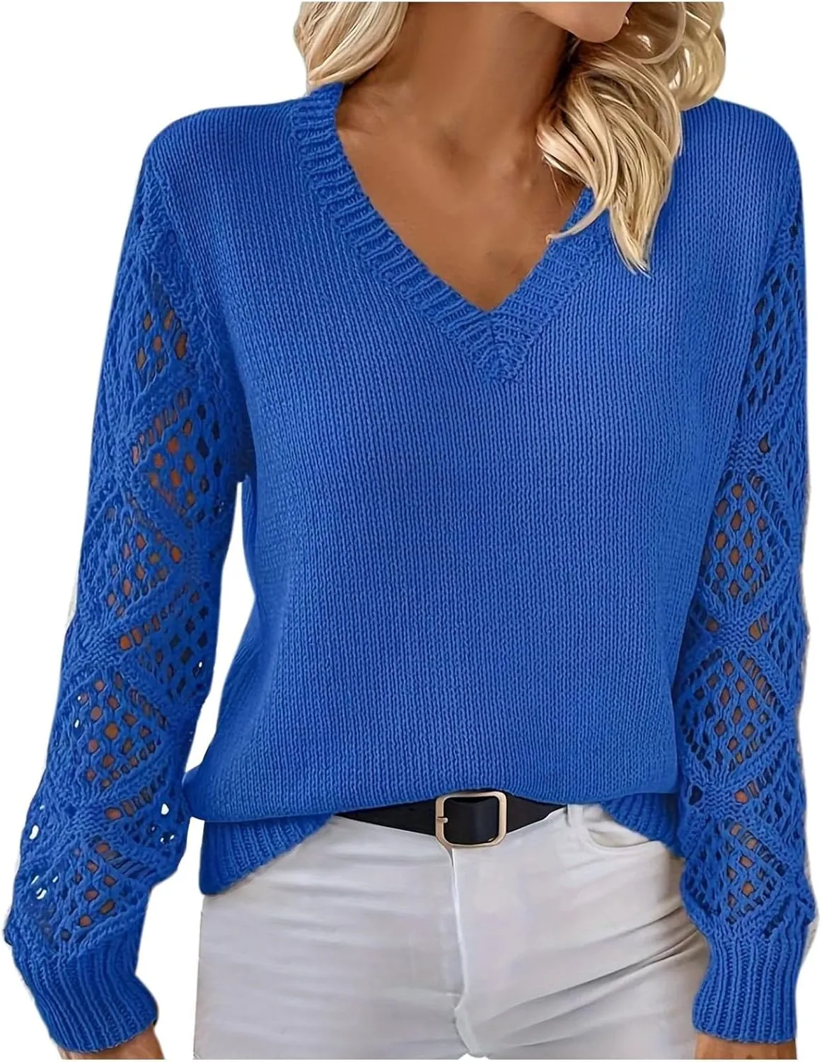 Women's Hollow Out Long Sleeve Sweater Casual V-Neck Chunky Knit Sweater Lightweight Pullover Sweater Fashion Design
