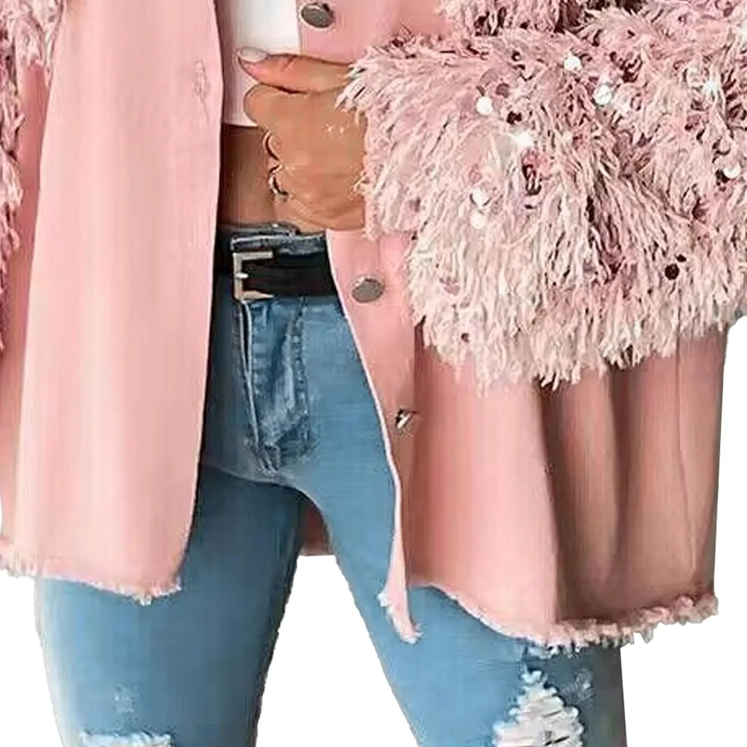 Womens Jacket Sequin Patchwork Long Sleeve Jacket Top Button Front Oversized Denim Shacket 2025