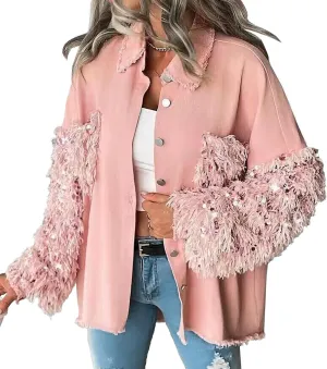 Womens Jacket Sequin Patchwork Long Sleeve Jacket Top Button Front Oversized Denim Shacket 2025