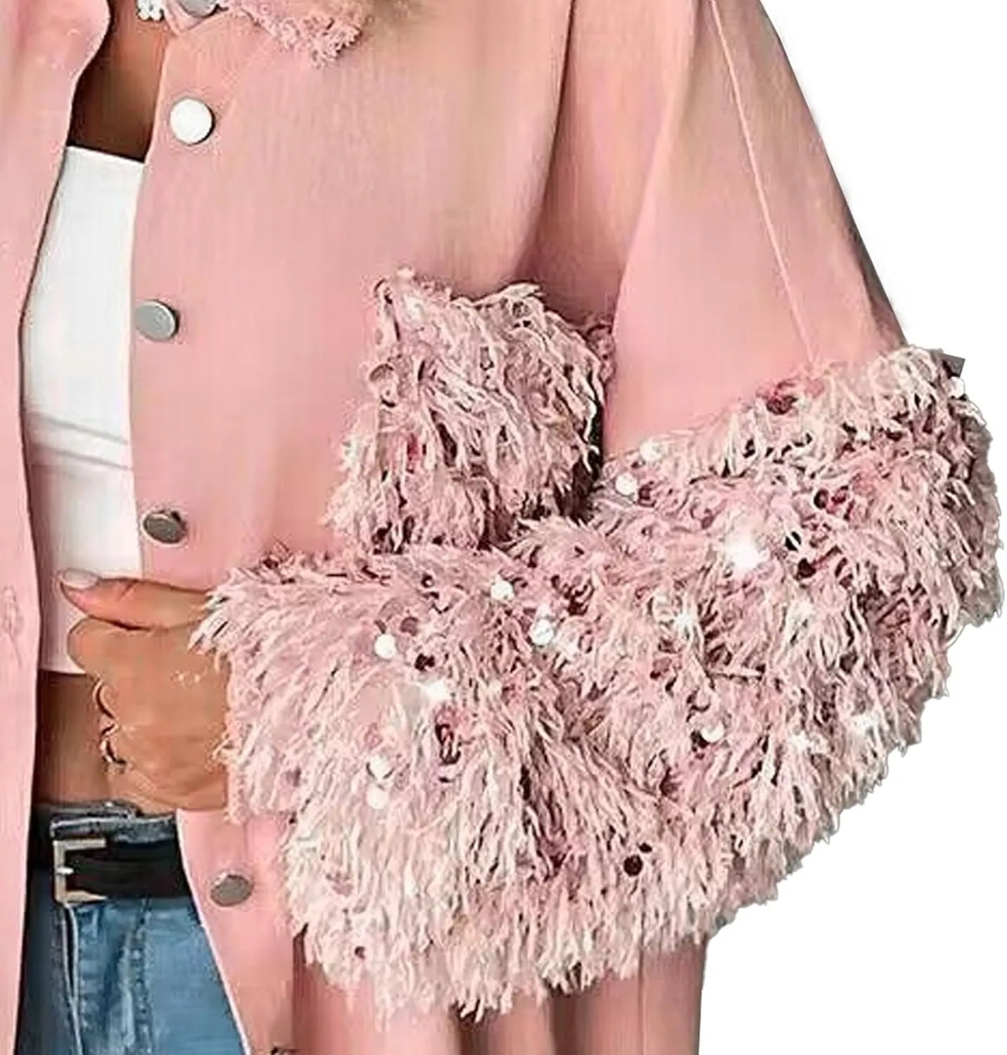 Womens Jacket Sequin Patchwork Long Sleeve Jacket Top Button Front Oversized Denim Shacket 2025