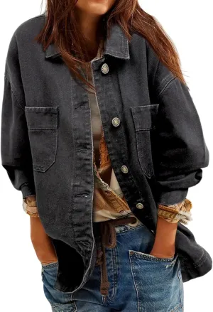 Womens Jean Jacket Oversized Mid Long Denim Jacket Boyfriend Button Up Jacket with Pockets