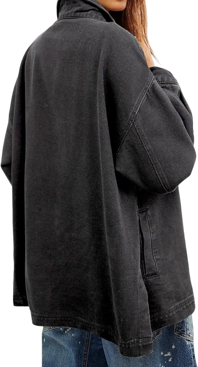 Womens Jean Jacket Oversized Mid Long Denim Jacket Boyfriend Button Up Jacket with Pockets