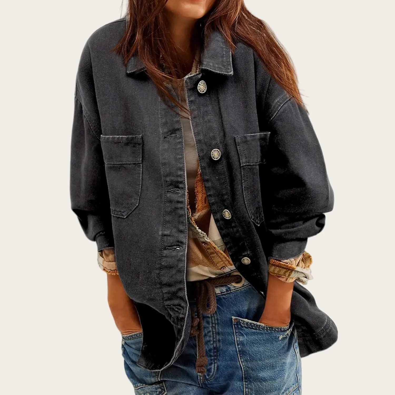 Womens Jean Jacket Oversized Mid Long Denim Jacket Boyfriend Button Up Jacket with Pockets