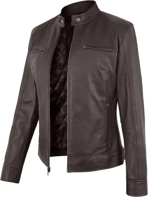 Women's Lambskin Leather Jacket - Cafe Racer Slim Fit Black Real Leather Jacket for Women