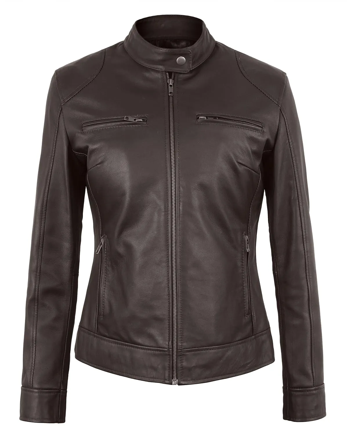 Women's Lambskin Leather Jacket - Cafe Racer Slim Fit Black Real Leather Jacket for Women