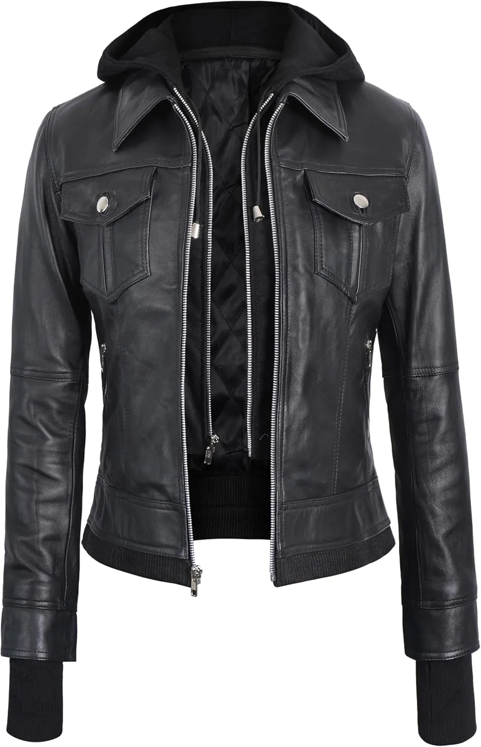 Women's Lambskin Leather Jacket - Cafe Racer Slim Fit Black Real Leather Jacket for Women