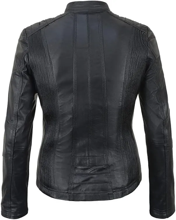 Women's Lambskin Leather Jacket - Cafe Racer Slim Fit Black Real Leather Jacket for Women