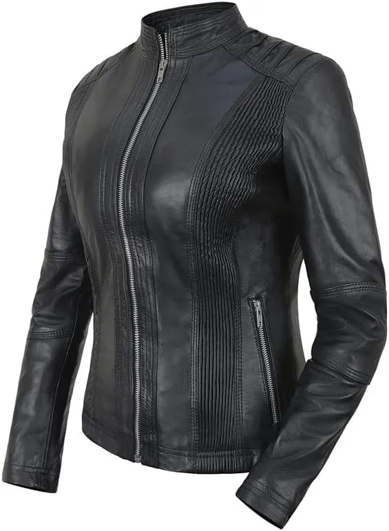 Women's Lambskin Leather Jacket - Cafe Racer Slim Fit Black Real Leather Jacket for Women