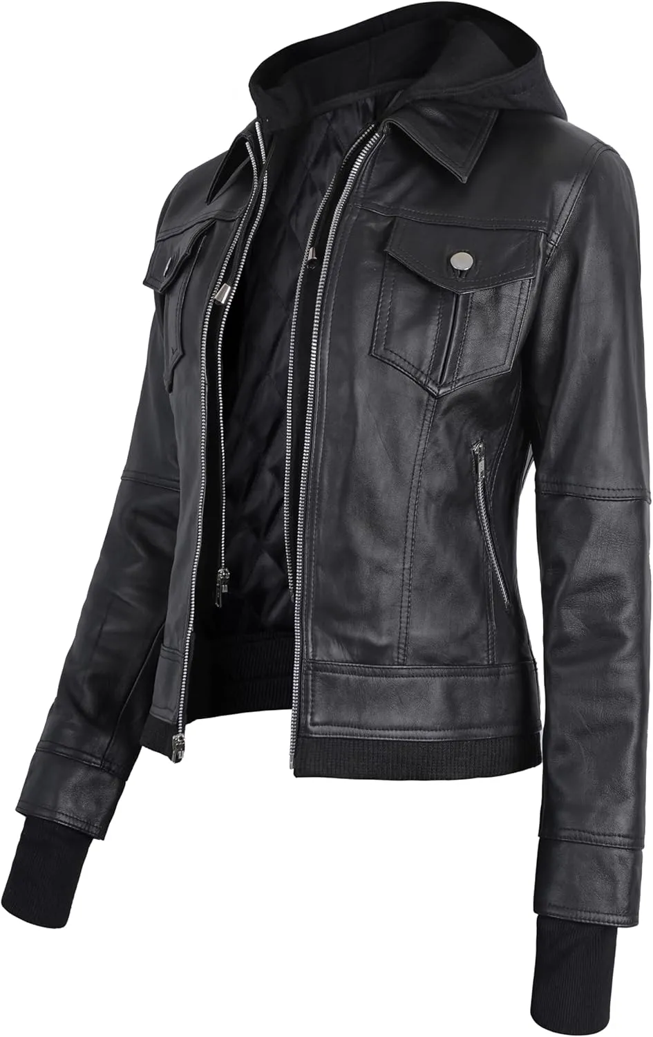 Women's Lambskin Leather Jacket - Cafe Racer Slim Fit Black Real Leather Jacket for Women