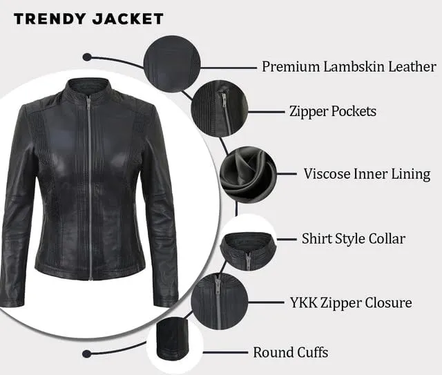 Women's Lambskin Leather Jacket - Cafe Racer Slim Fit Black Real Leather Jacket for Women