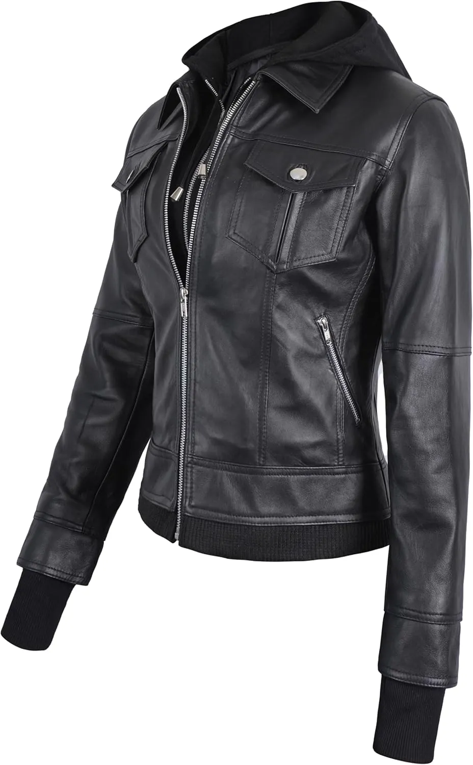 Women's Lambskin Leather Jacket - Cafe Racer Slim Fit Black Real Leather Jacket for Women