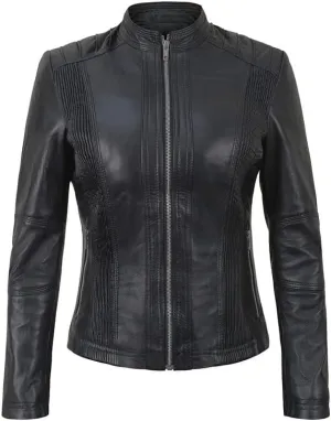 Women's Lambskin Leather Jacket - Cafe Racer Slim Fit Black Real Leather Jacket for Women