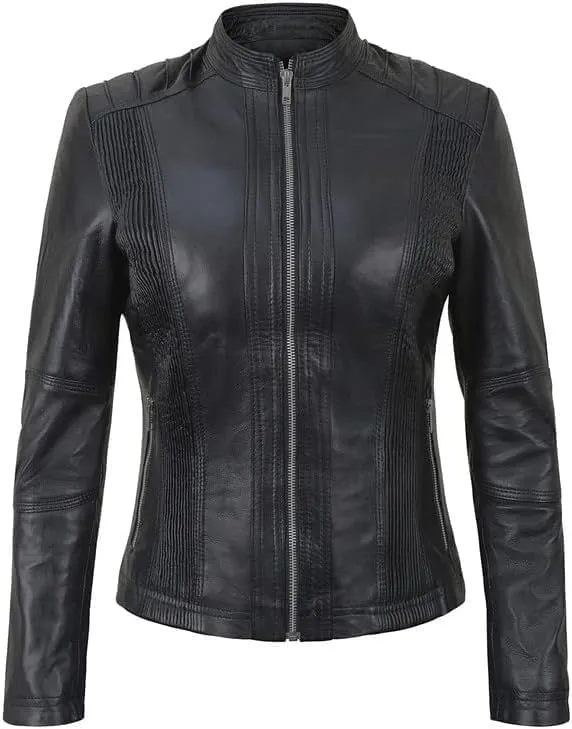 Women's Lambskin Leather Jacket - Cafe Racer Slim Fit Black Real Leather Jacket for Women