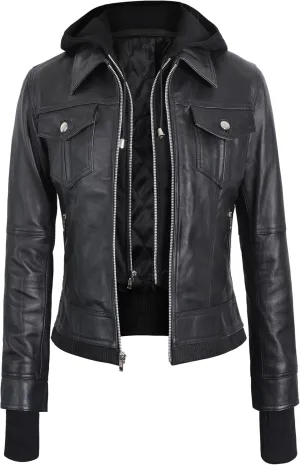 Women's Lambskin Leather Jacket - Cafe Racer Slim Fit Black Real Leather Jacket for Women