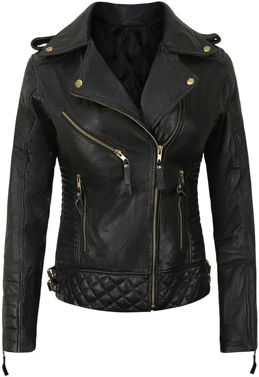 Women's Lambskin Leather Jacket - Cafe Racer Slim Fit Black Real Leather Jacket for Women