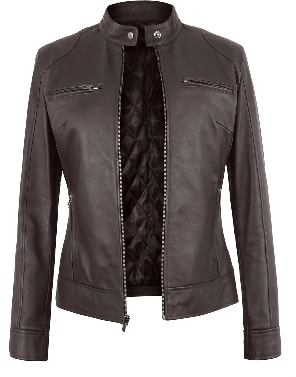 Women's Lambskin Leather Jacket - Cafe Racer Slim Fit Black Real Leather Jacket for Women