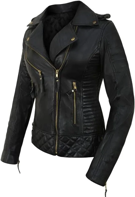 Women's Lambskin Leather Jacket - Cafe Racer Slim Fit Black Real Leather Jacket for Women