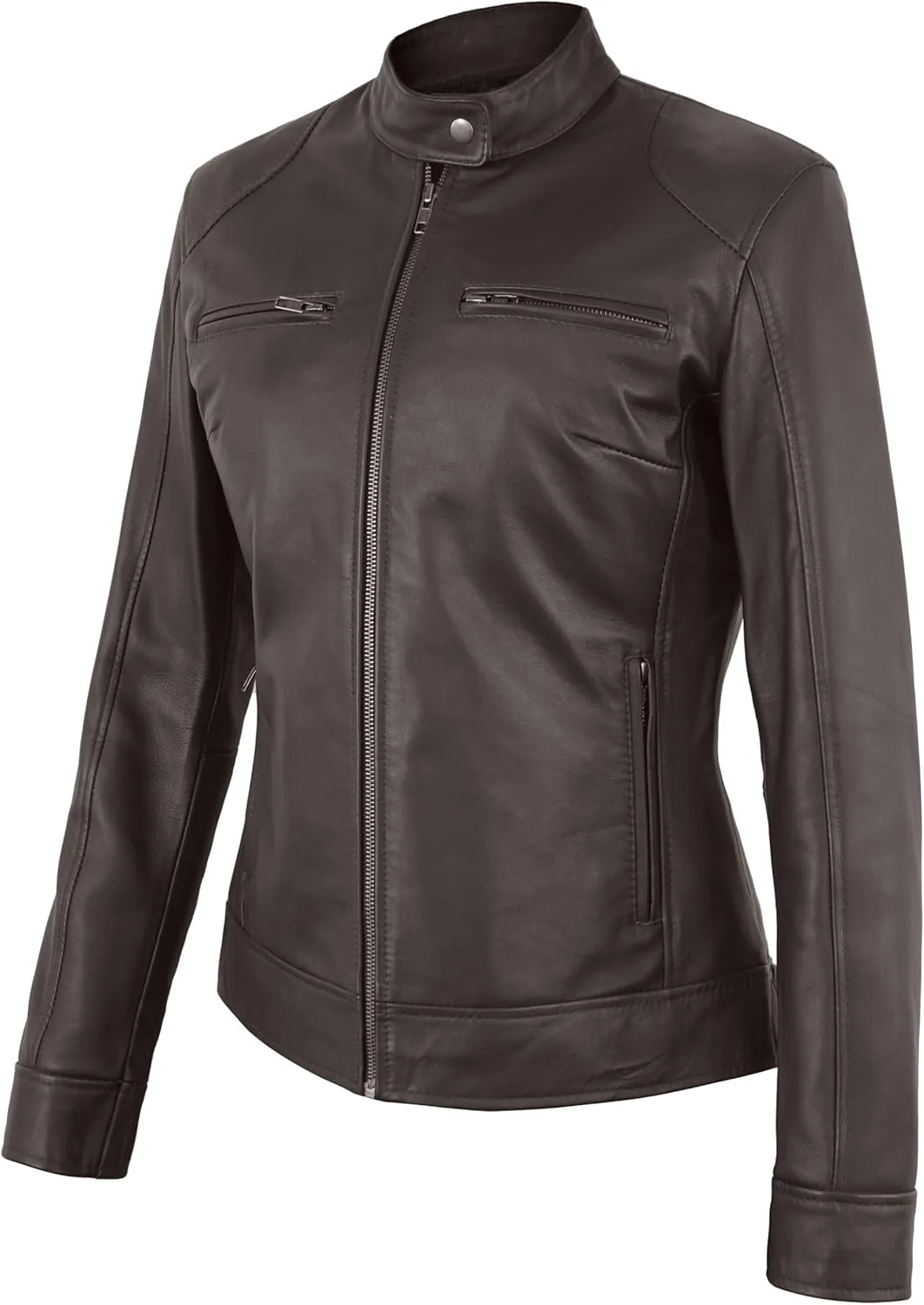 Women's Lambskin Leather Jacket - Cafe Racer Slim Fit Black Real Leather Jacket for Women