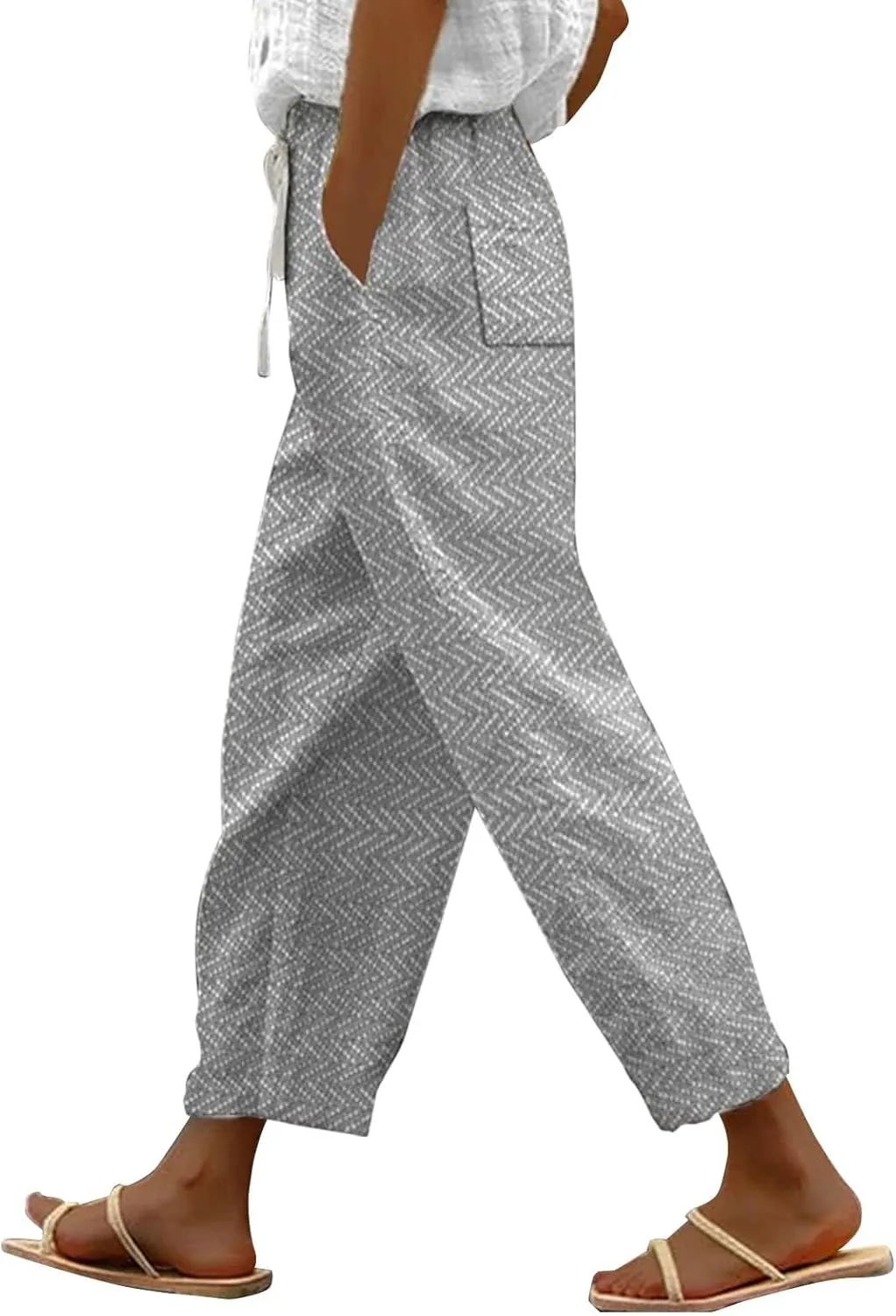 Women's Linen Capris Relaxed Fit Drawstring Elastic Waist Cropped Pants for Casual Wear Tropical Baggy Trousers