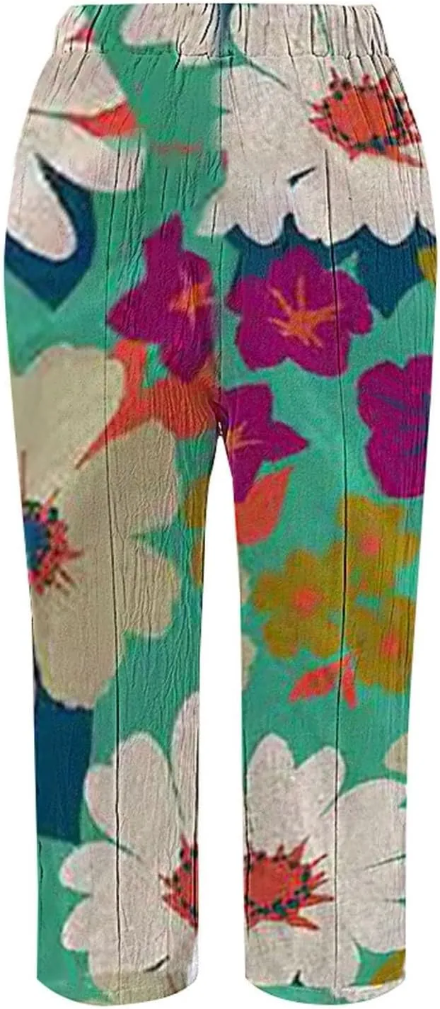 Women's Linen Capris Relaxed Fit Drawstring Elastic Waist Cropped Pants for Casual Wear Tropical Baggy Trousers