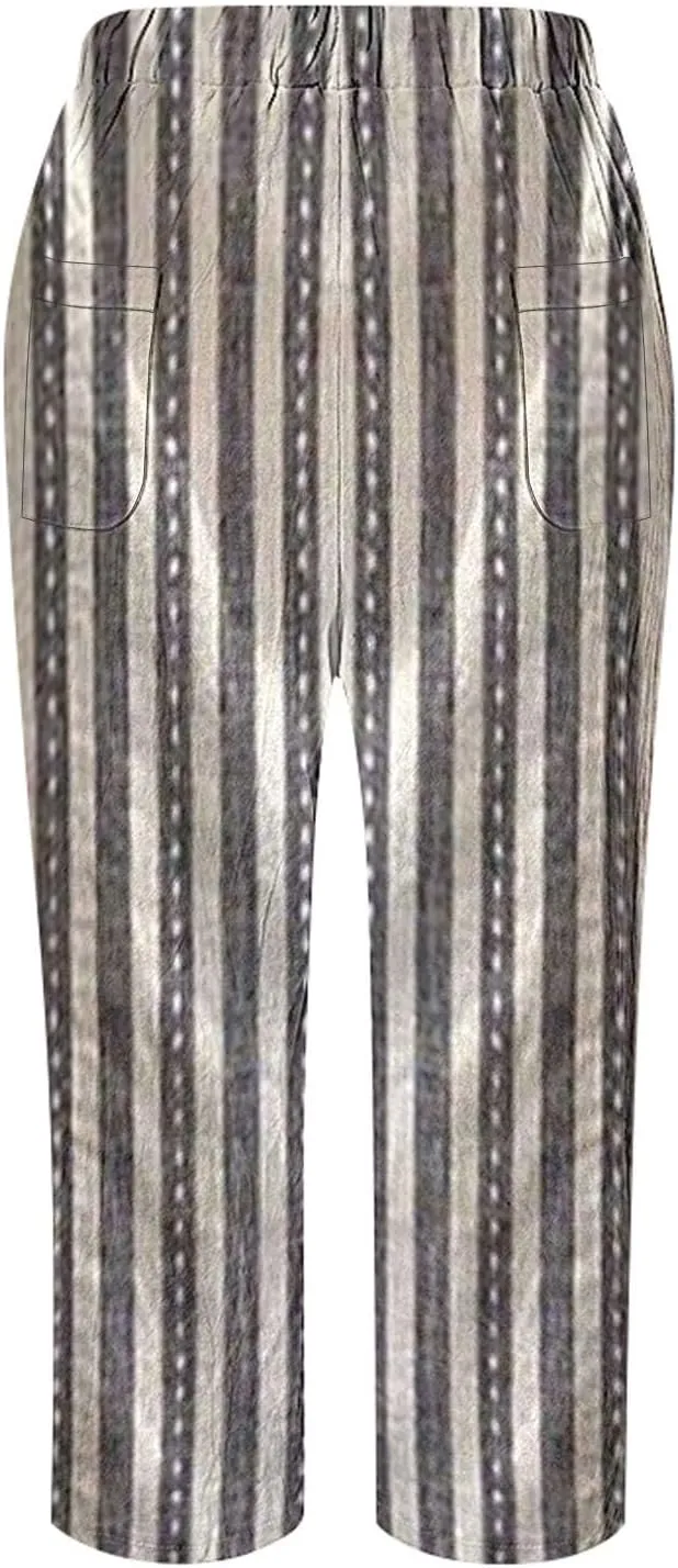 Women's Linen Capris Relaxed Fit Drawstring Elastic Waist Cropped Pants for Casual Wear Tropical Baggy Trousers