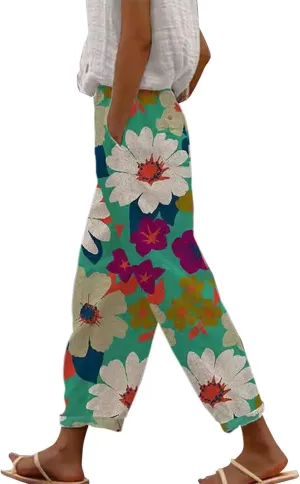 Women's Linen Capris Relaxed Fit Drawstring Elastic Waist Cropped Pants for Casual Wear Tropical Baggy Trousers