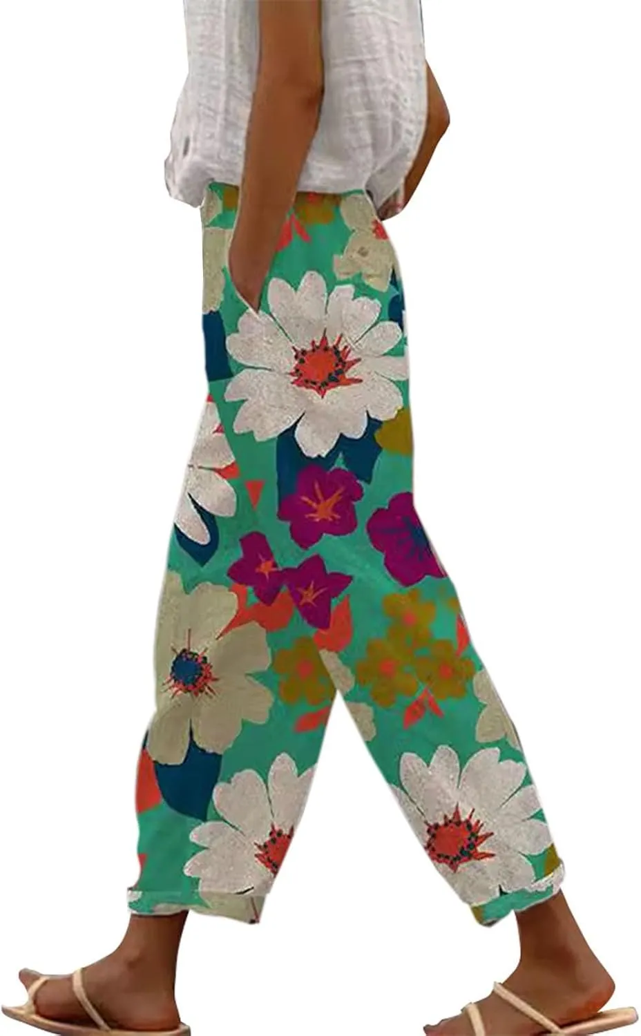 Women's Linen Capris Relaxed Fit Drawstring Elastic Waist Cropped Pants for Casual Wear Tropical Baggy Trousers