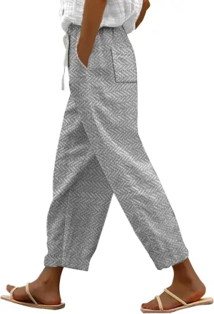 Women's Linen Capris Relaxed Fit Drawstring Elastic Waist Cropped Pants for Casual Wear Tropical Baggy Trousers