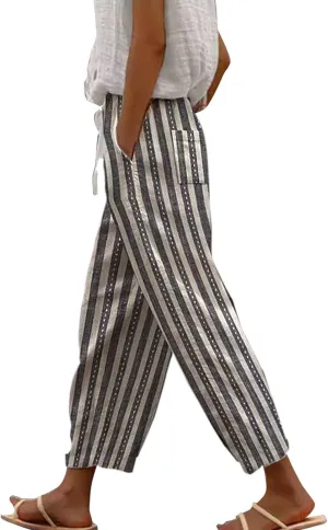 Women's Linen Capris Relaxed Fit Drawstring Elastic Waist Cropped Pants for Casual Wear Tropical Baggy Trousers