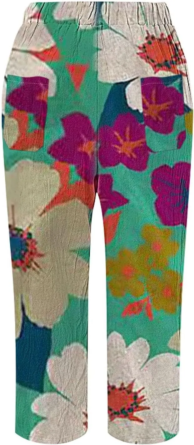 Women's Linen Capris Relaxed Fit Drawstring Elastic Waist Cropped Pants for Casual Wear Tropical Baggy Trousers