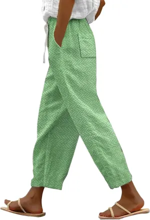Women's Linen Capris Relaxed Fit Drawstring Elastic Waist Cropped Pants for Casual Wear Tropical Baggy Trousers