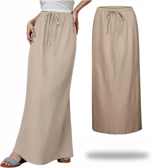 Womens Linen Maxi Skirts Drawstring Elastic High Waist A Line Casual Skirts Cute Vacation Boho Long Flowy Summer Skorts