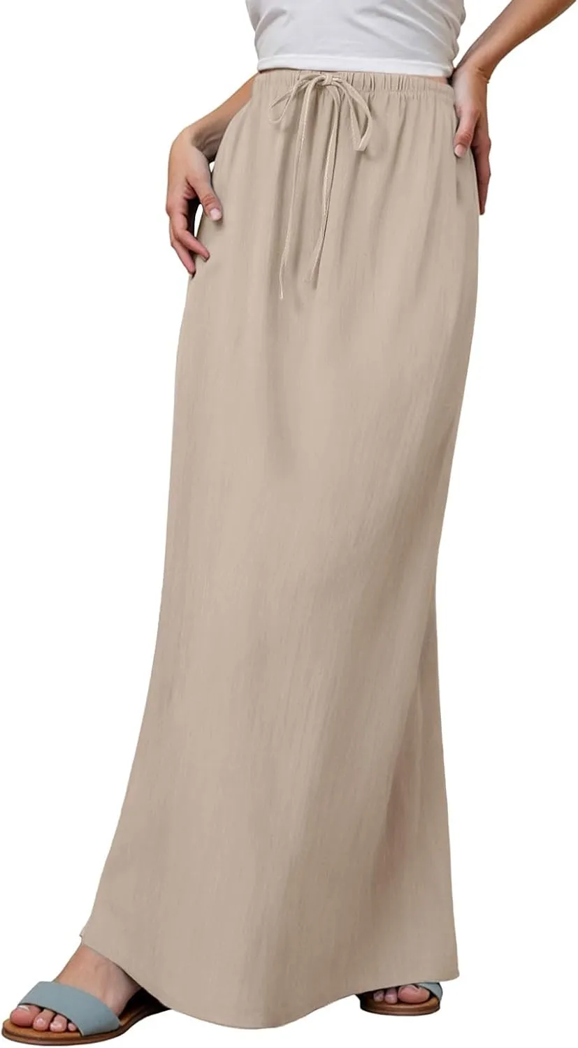 Womens Linen Maxi Skirts Drawstring Elastic High Waist A Line Casual Skirts Cute Vacation Boho Long Flowy Summer Skorts