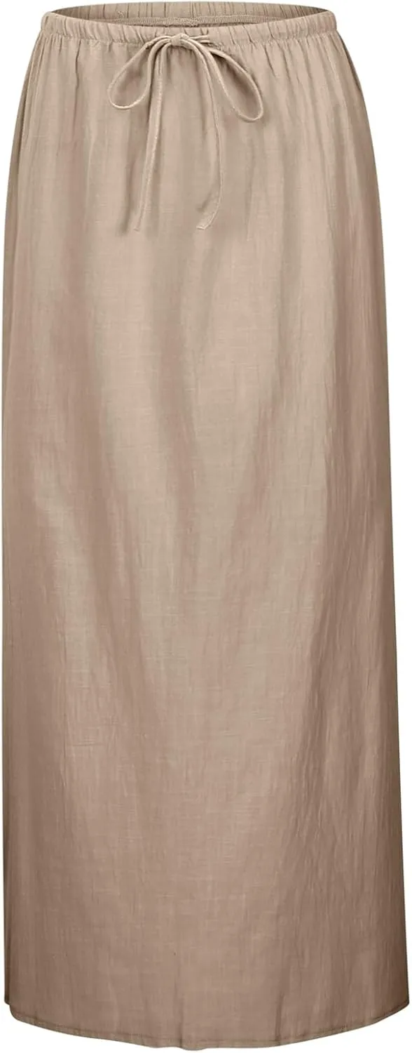 Womens Linen Maxi Skirts Drawstring Elastic High Waist A Line Casual Skirts Cute Vacation Boho Long Flowy Summer Skorts