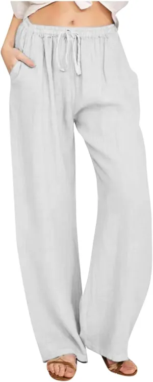 Womens Linen Pants 2025 Summer Wide Leg Casual Loose Fit Elastic High Waist Palazzo Pants Linen Trousers with Pockets