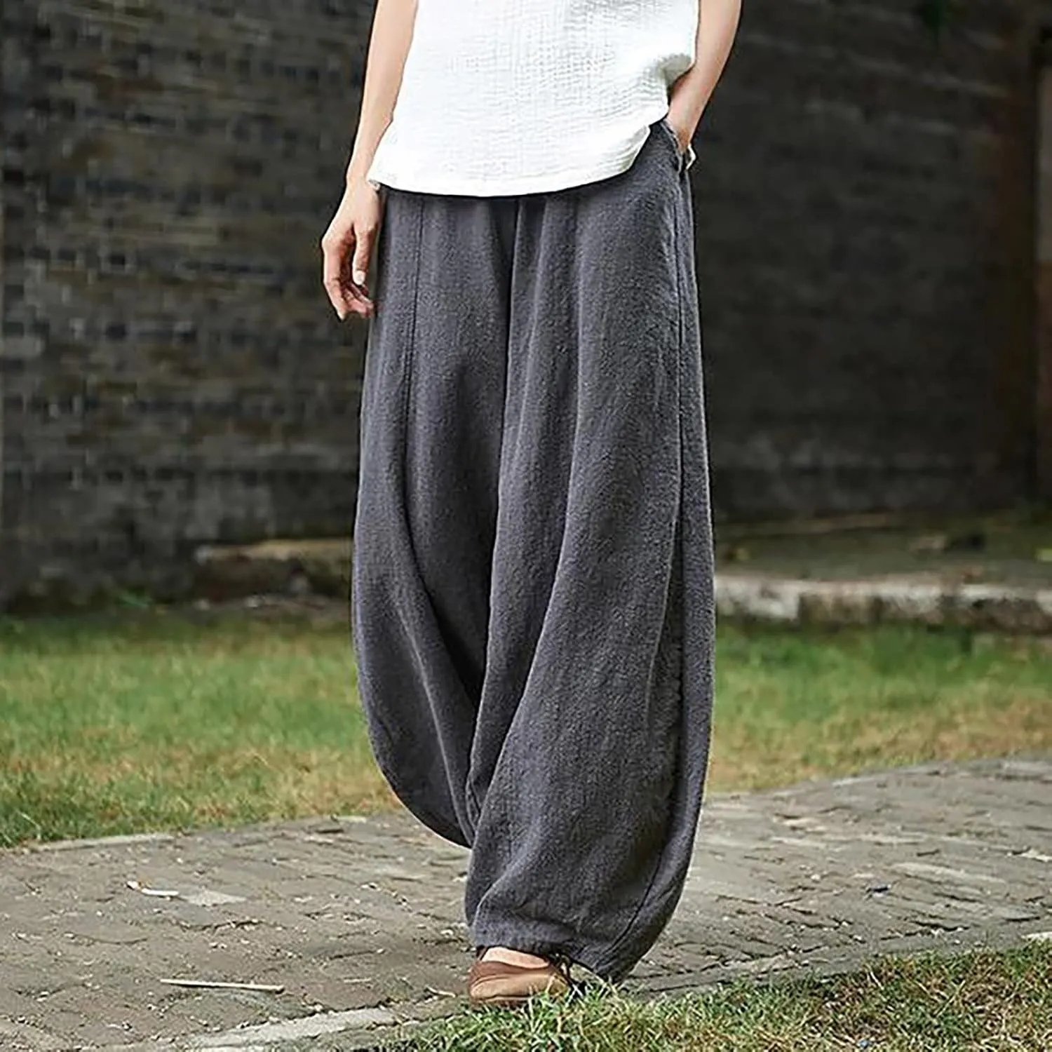 Womens Linen Pants Baggy Casual Summer Boho Beach Flowy Solid Color High Waisted Wide Leg Pants Stretch Trousers with Pockets