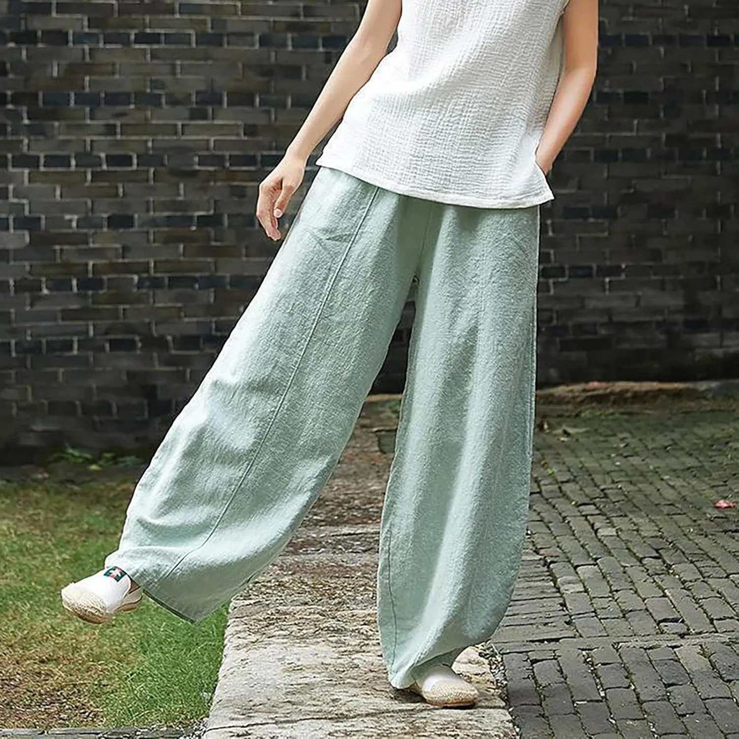 Womens Linen Pants Baggy Casual Summer Boho Beach Flowy Solid Color High Waisted Wide Leg Pants Stretch Trousers with Pockets