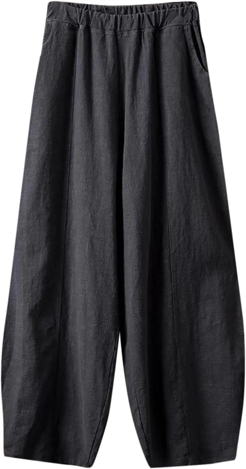 Womens Linen Pants Baggy Casual Summer Boho Beach Flowy Solid Color High Waisted Wide Leg Pants Stretch Trousers with Pockets