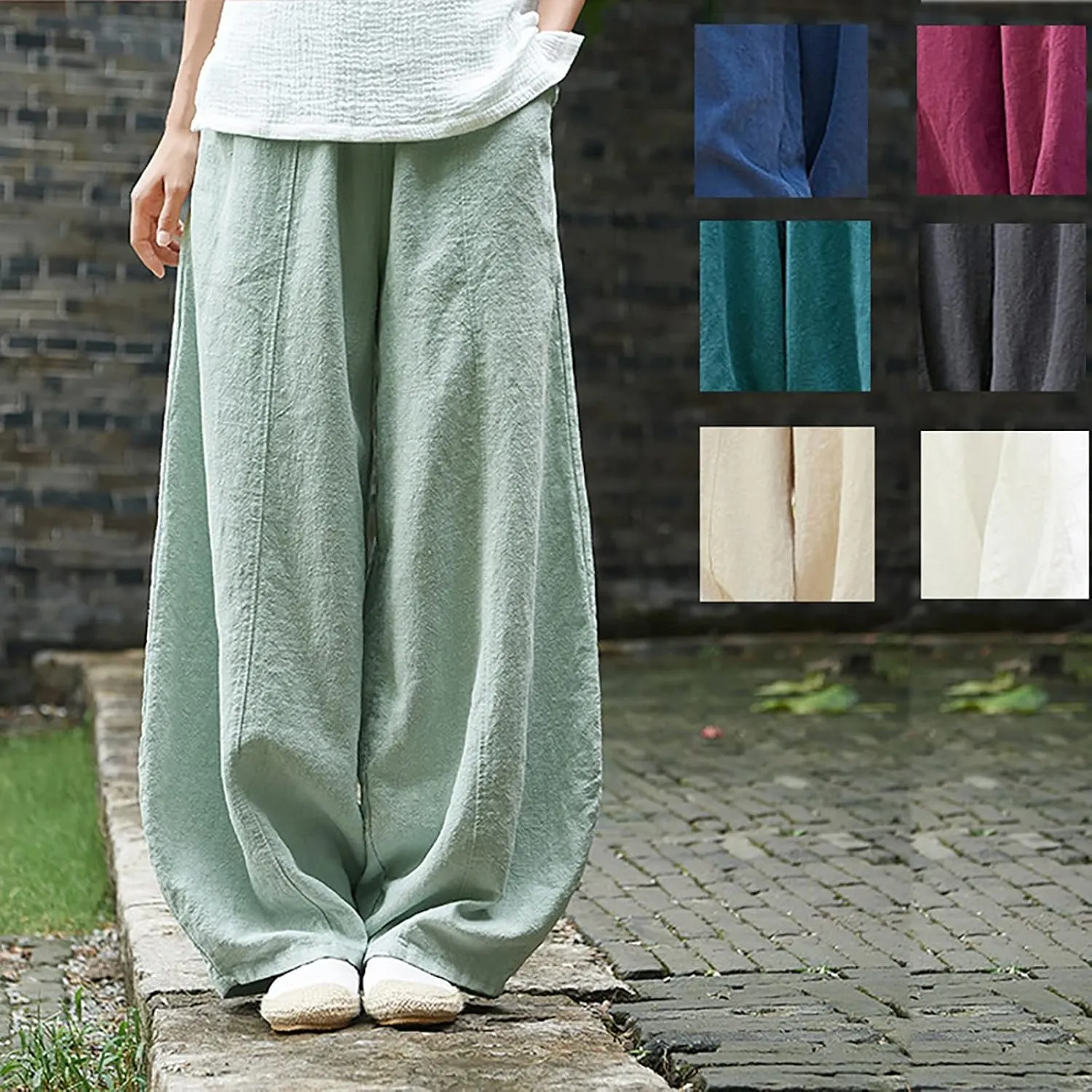 Womens Linen Pants Baggy Casual Summer Boho Beach Flowy Solid Color High Waisted Wide Leg Pants Stretch Trousers with Pockets