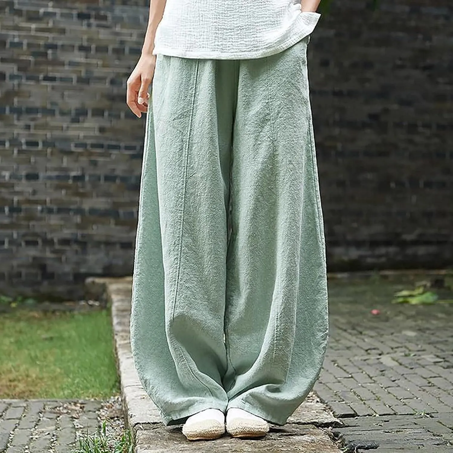 Womens Linen Pants Baggy Casual Summer Boho Beach Flowy Solid Color High Waisted Wide Leg Pants Stretch Trousers with Pockets