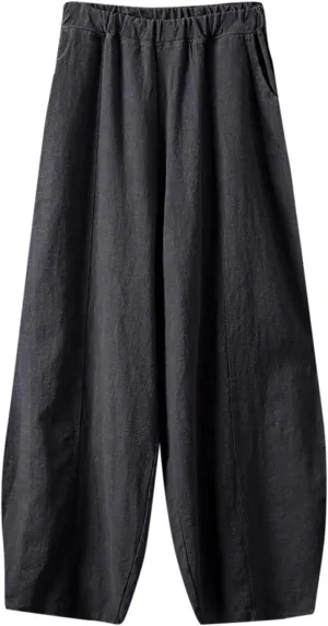 Womens Linen Pants Baggy Casual Summer Boho Beach Flowy Solid Color High Waisted Wide Leg Pants Stretch Trousers with Pockets