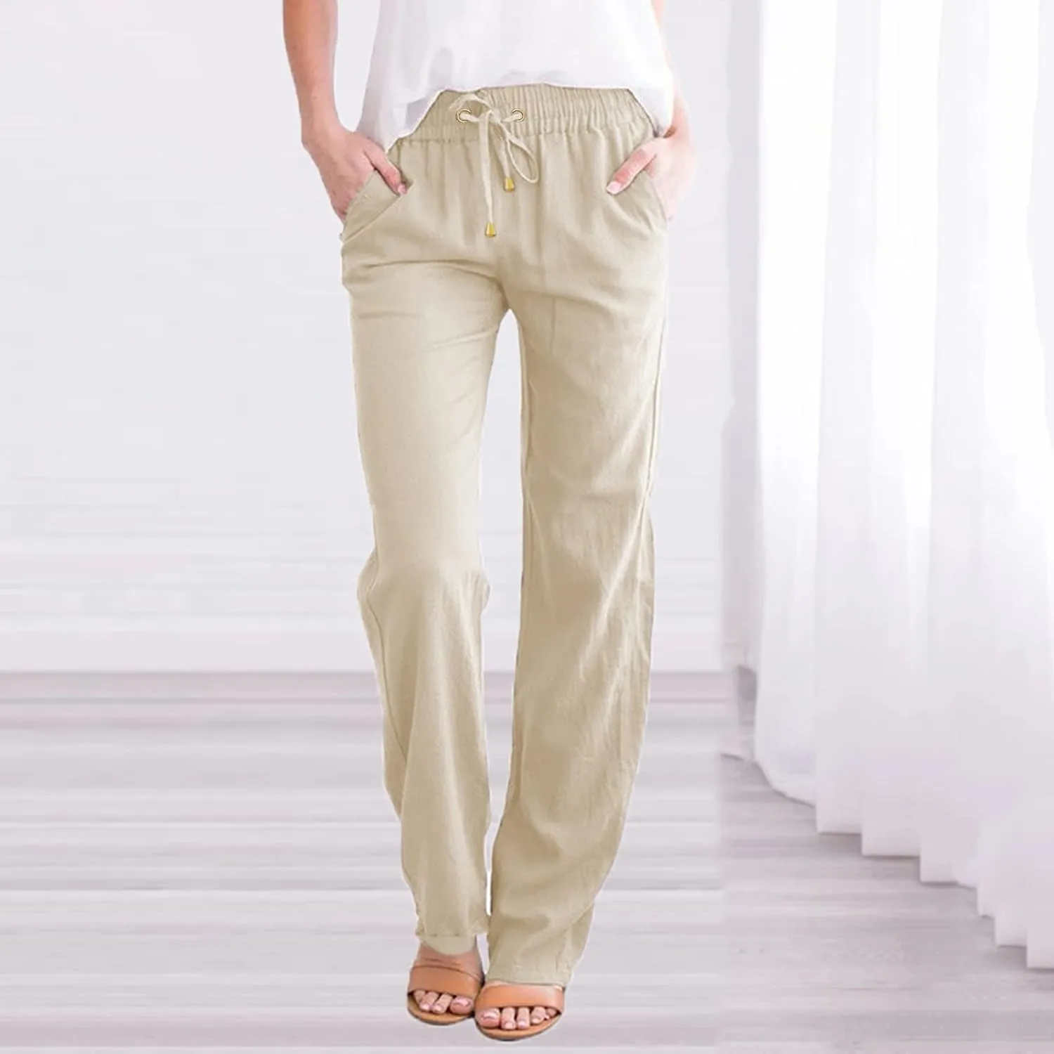 Women's Linen Pants Casual Classic Loose Wide Leg Linen Trousers Lightweight Drawstring Straight Leg Cotton Linen Pant