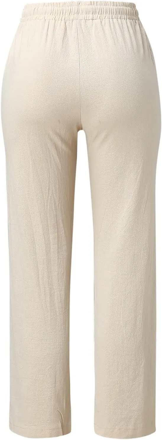 Women's Linen Pants Casual Classic Loose Wide Leg Linen Trousers Lightweight Drawstring Straight Leg Cotton Linen Pant