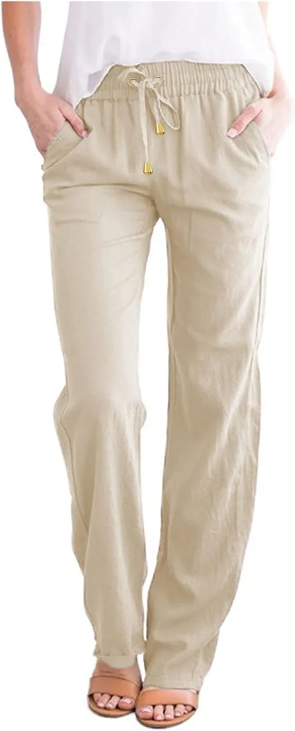 Women's Linen Pants Casual Classic Loose Wide Leg Linen Trousers Lightweight Drawstring Straight Leg Cotton Linen Pant