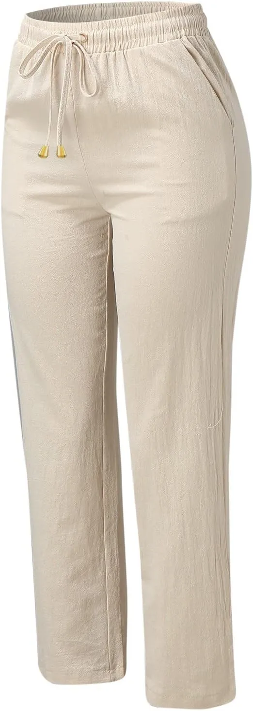 Women's Linen Pants Casual Classic Loose Wide Leg Linen Trousers Lightweight Drawstring Straight Leg Cotton Linen Pant